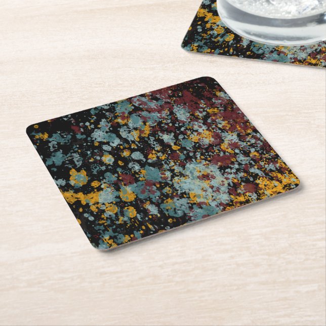 Abstract Graffiti Splatter Painting Art On Black Square Paper Coaster (Angled)