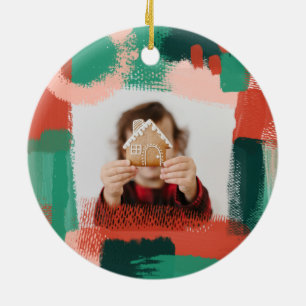Abstract graphic red, pink + green joyful photo ceramic ornament