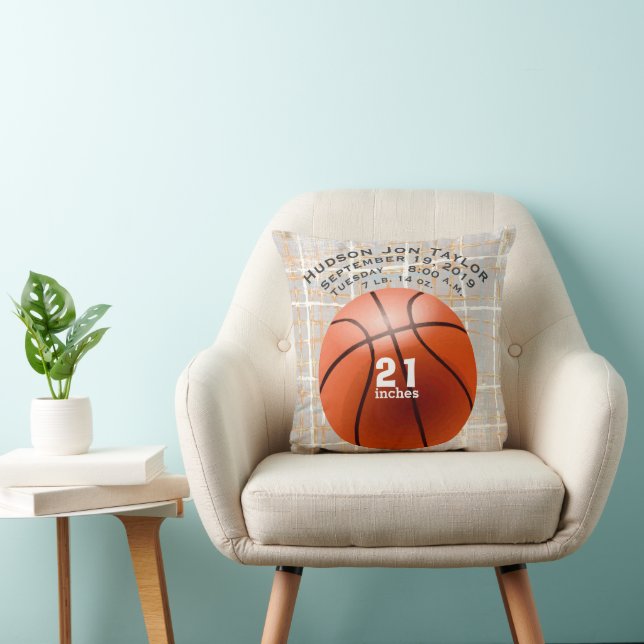Abstract Gray Basketball Boys Birth Record Throw Pillow (Chair)