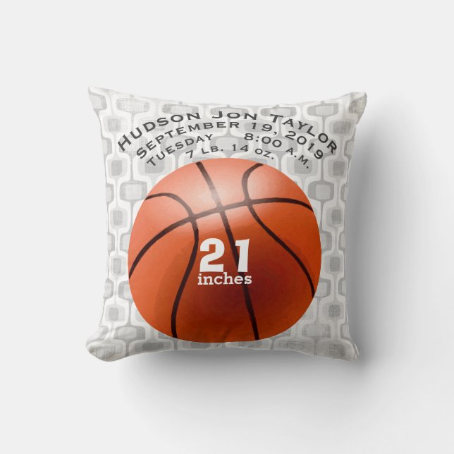Abstract Gray Basketball Boys Birth Record Throw Pillow (Front)