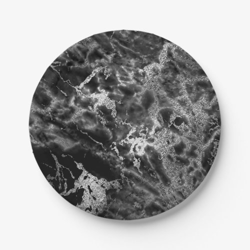 Abstract Gray Black Silver  Marble Glam Vip Paper Plates