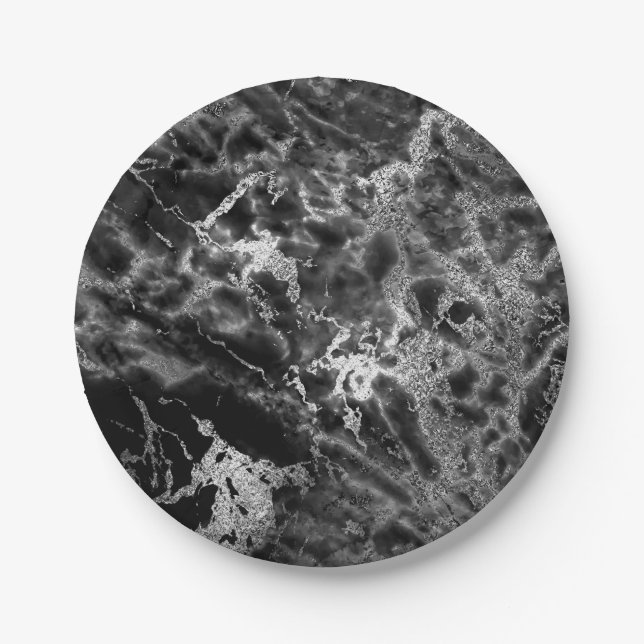 Abstract Gray Black Silver  Marble Glam Vip Paper Plates (Front)