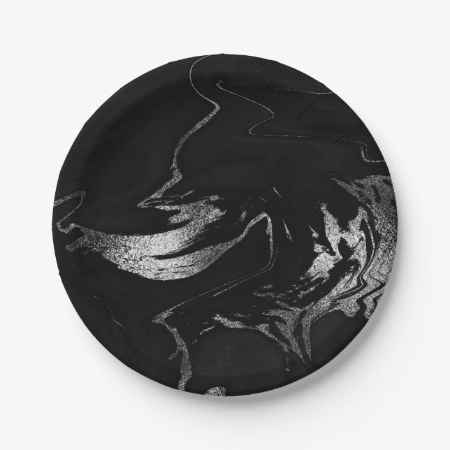 Abstract Gray Black Silver Marble Party Vip Paper Plates (Front)