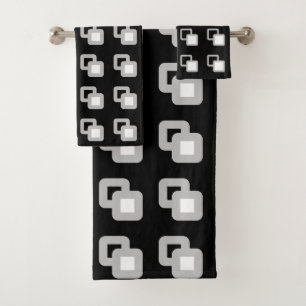 Abstract Gray, Black & White Square Pattern Bath Towel Set