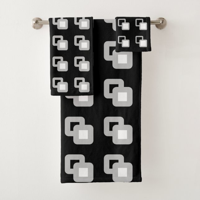 Abstract Gray, Black & White Square Pattern Bath Towel Set (Insitu)