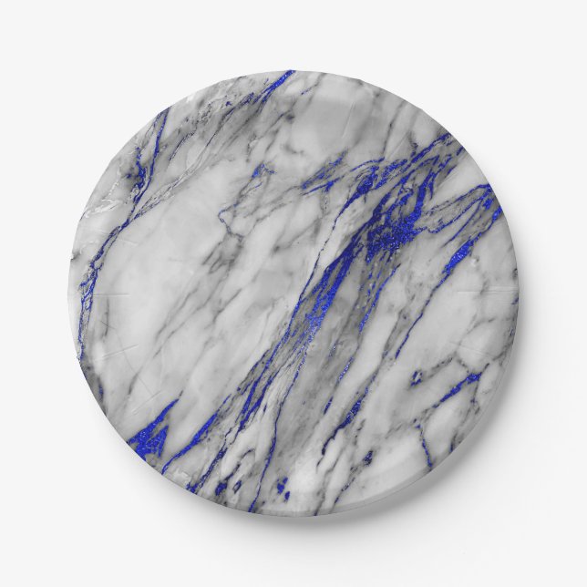 Abstract Gray Blue Navy Marble Glam Golden Vip Paper Plates (Front)