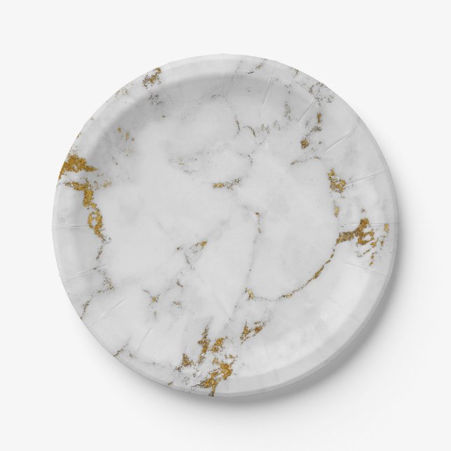 Abstract Gray Gold Carrara Marble Glam Golden Vip Paper Plates (Front)