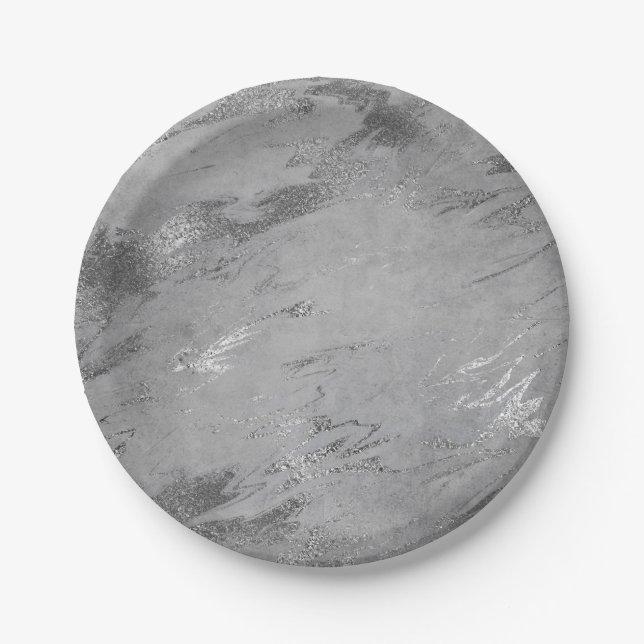 Abstract Gray Graphite Silver Marble Party Vip Paper Plates (Front)