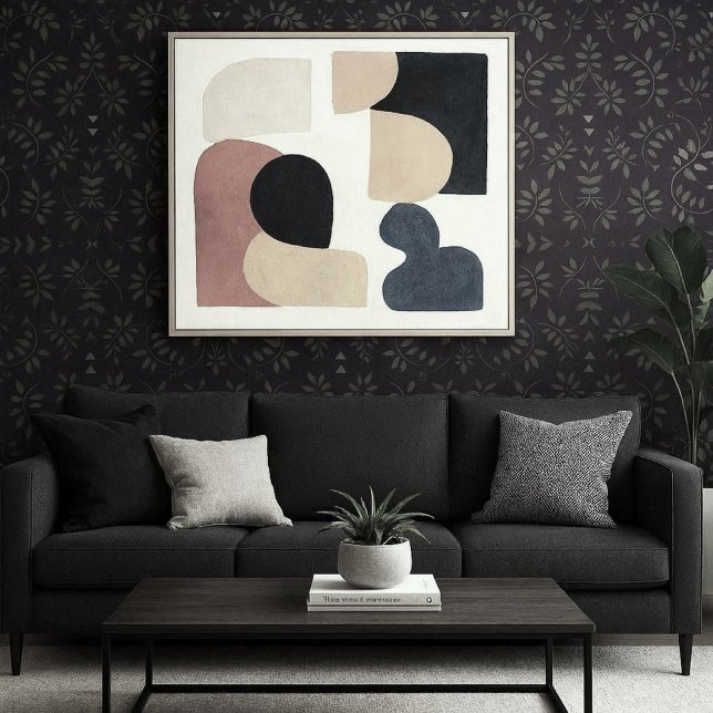 Abstract Gray Leaves on Purple  Wallpaper (Modern room with dark purple with leaf print wallpaper )