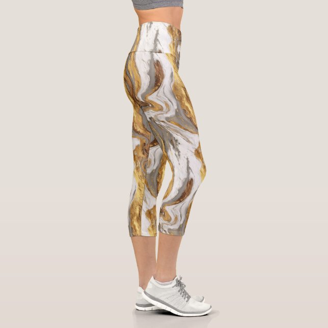 Abstract Gray Marble Texture with Flowing Gold Capri Leggings (Right)