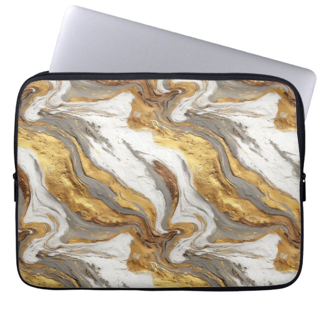Abstract Gray Marble Texture with Flowing Gold Laptop Sleeve (Front)