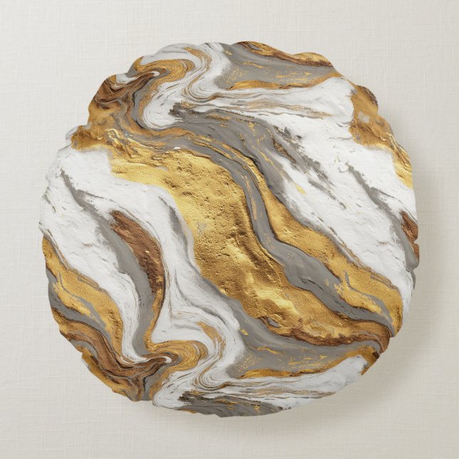 Abstract Gray Marble Texture with Flowing Gold Round Pillow (Front)