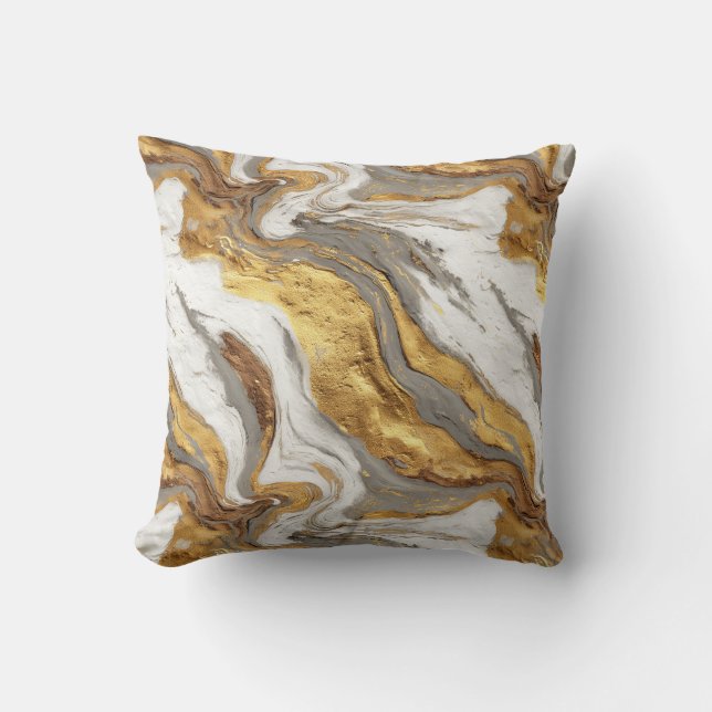 Abstract Gray Marble Texture with Flowing Gold Throw Pillow (Front)