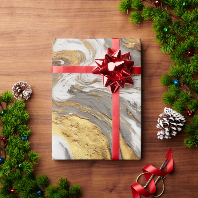 Abstract Gray Marble Texture with Flowing Gold Wrapping Paper (Holiday Gift)