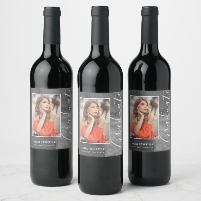 Abstract Gray Photo Graduation Wine Label (Bottles)