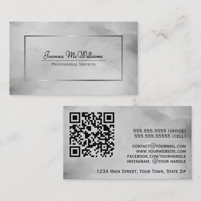 Abstract Gray Watercolor with Silver QR Code Business Card (Front/Back)