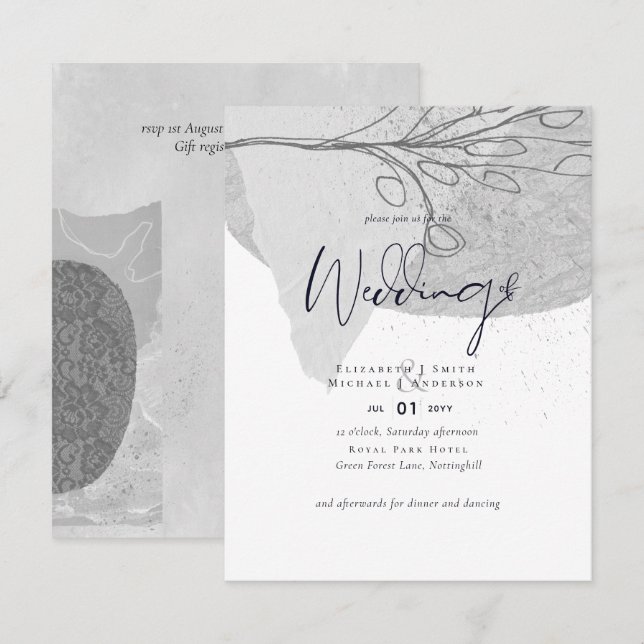 Abstract Gray White Wedding Invite Low Cost Budget (Front/Back)