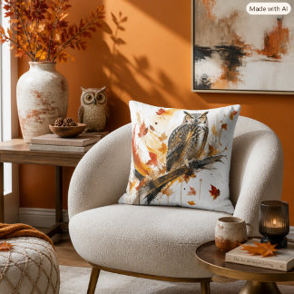 Abstract  Great Horned Owl Autumn Leaves Decor Throw Pillow
