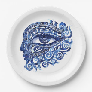 Abstract Greek Evil Eye With Greek Key Paper Plates