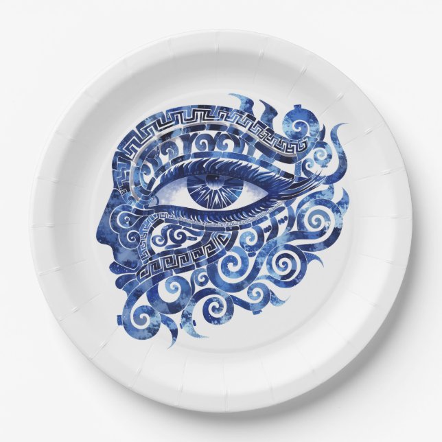 Abstract Greek Evil Eye With Greek Key Paper Plates (Front)
