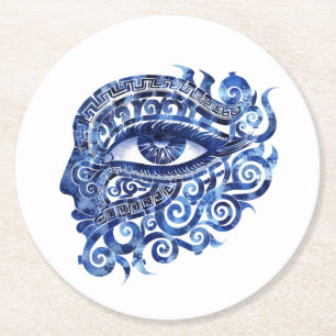 Abstract Greek Evil Eye With Greek Key Round Paper Coaster