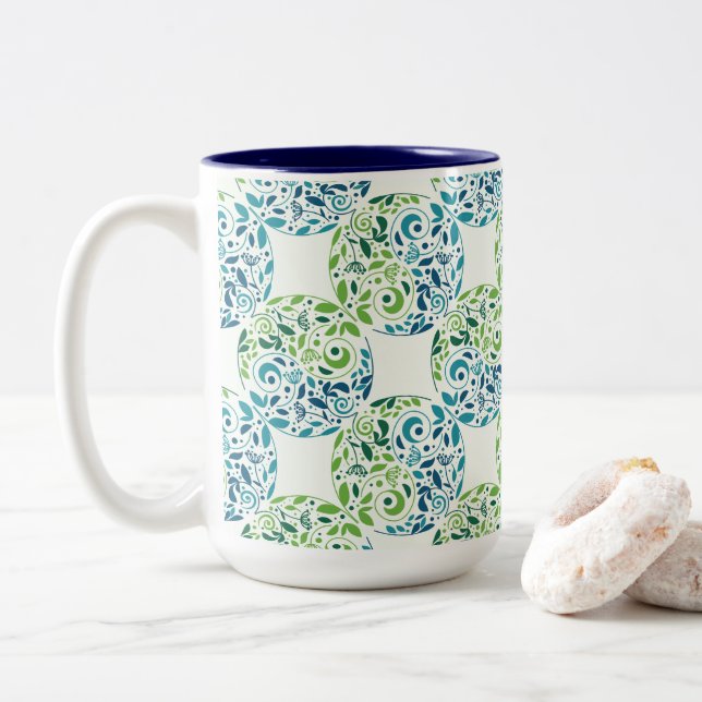 Abstract Green And Blue Pattern Two-Tone Coffee Mug (With Donut)