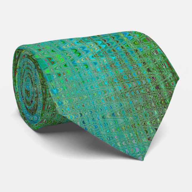 Abstract Green and Blue Retro Boomerang Waves Neck Tie (Rolled)