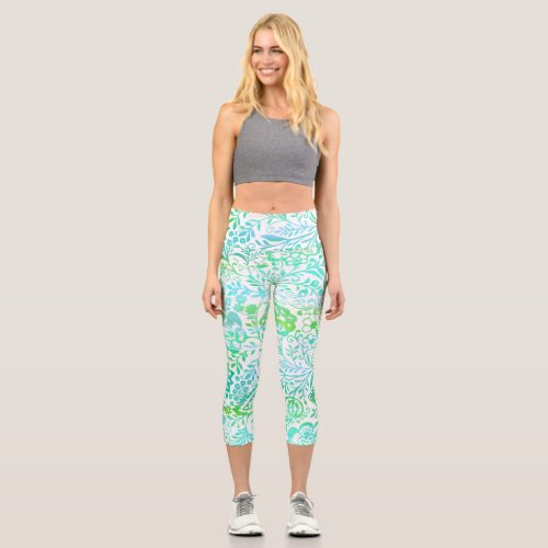 Abstract Green and Blue Vintage Floral Pattern Capri Leggings