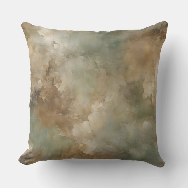 Abstract Green and Brown Marbled Watercolor Print Throw Pillow (Front)
