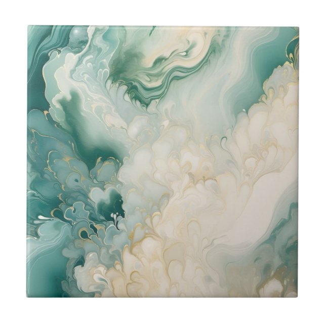 Abstract Green and Faux Gold Watercolor Marble Ceramic Tile (Front)