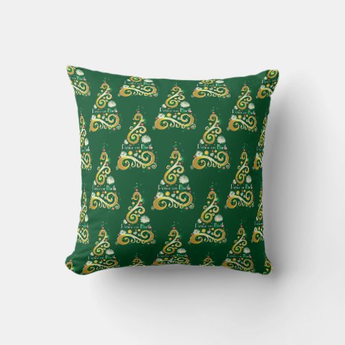 Abstract green and gold Christmas tree pattern Throw Pillow