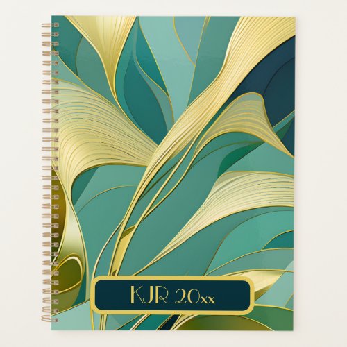 Abstract Green and Gold Leaves and Waves Planner