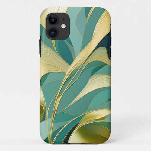 Abstract Green and Gold Leaves Design iPhone 11 Case