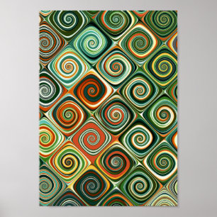 Abstract Green and Orange Geometric Spiral Checker Poster