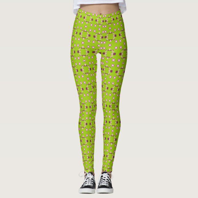 Abstract Green and Pink Pattern with Squares Leggings (Front)