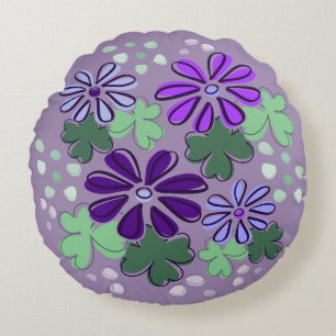 Abstract Green and Purple Clover & Flower Doodle Round Pillow