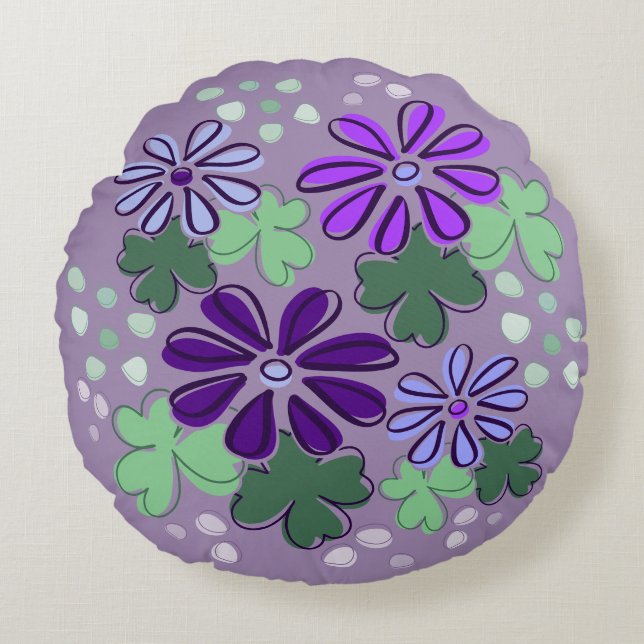 Abstract Green and Purple Clover & Flower Doodle Round Pillow (Front)