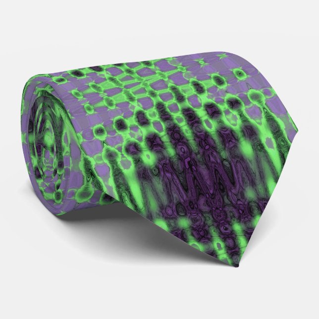 Abstract Green and Purple Wavy Atomic Clouds Neck Tie (Rolled)