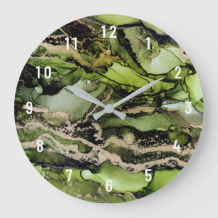 Abstract Green Black Gold Art Large Clock