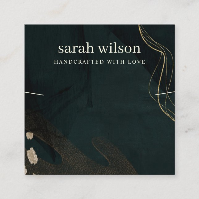 Abstract Green Black Gold Band Necklace Display Square Business Card (Front)