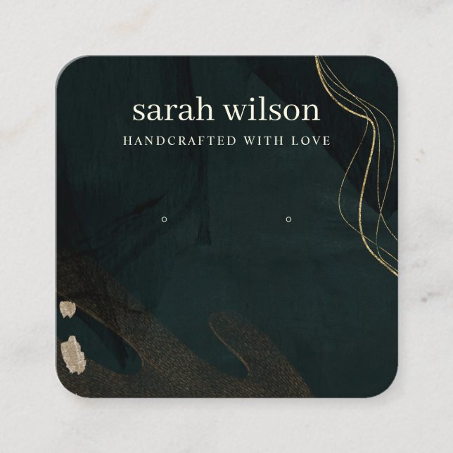 Abstract Green Black Gold Stud Earring Display Square Business Card (Front)