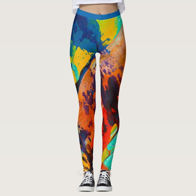 Abstract Green Blue Orange Brown Colorful Dynamic Leggings (Front)