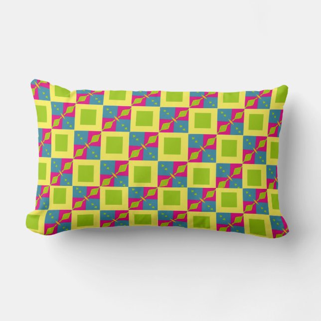 Abstract Green Blue Pattern with Squares Diamonds Lumbar Pillow (Front)