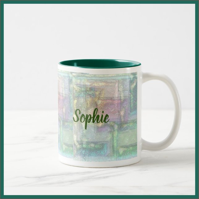 Abstract Green Blue Pink Enamel Look Pattern Two-Tone Coffee Mug (Creator Uploaded)