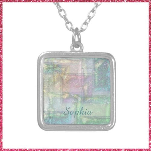 Abstract Green Blue Pink Textured Pattern  Silver Plated Necklace