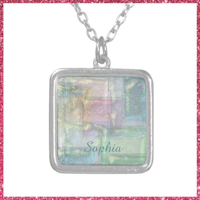 Abstract Green Blue Pink Textured Pattern  Silver Plated Necklace (Creator Uploaded)