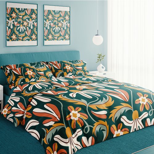 Abstract Green Botanical Groovy Floral Pattern Duvet Cover