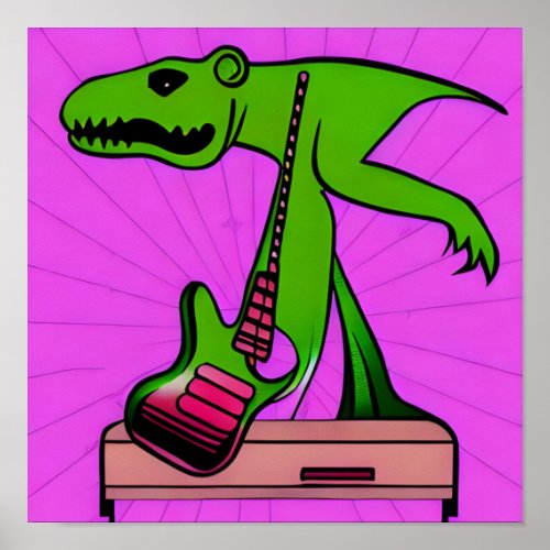 Abstract Green Dinosaur Playing Guitar Poster