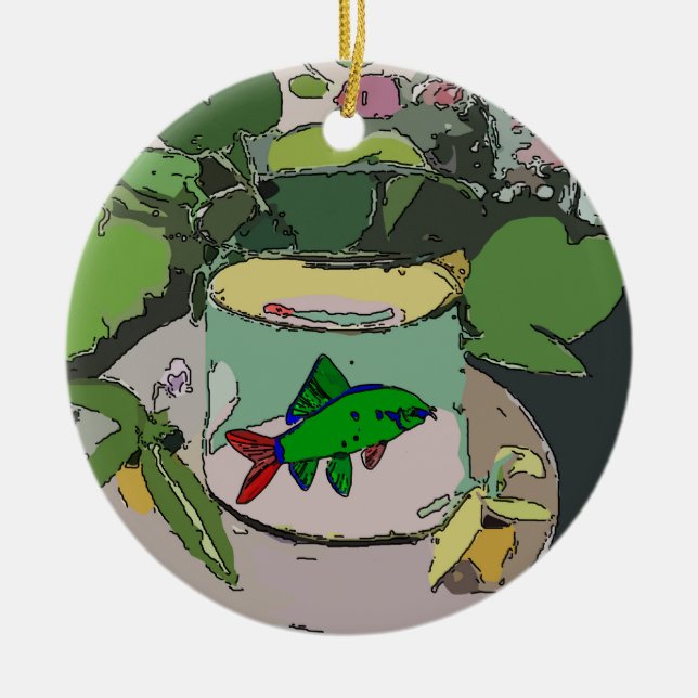 Abstract Green Fish, add, edit text Ceramic Ornament (Front)