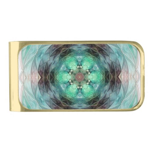Abstract green floral kaleidoscope gold finish money clip